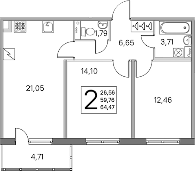 2-комнатная квартира 59.76 м², 2/5 эт., ЖК «ЮгТаун. Олимпийские кварталы»